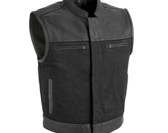 Men’s Black Leather and Denim Biker Vest | Club Style Motorcycle Waistcoat