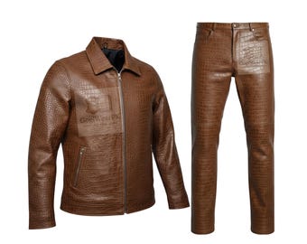 Men's Brown Crocodile Embossed Leather Tracksuit – Biker Jacket & Pants Set