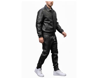 メンズ ブラック 本革 トラックスーツ セット ハンドメイド ストリートウェア