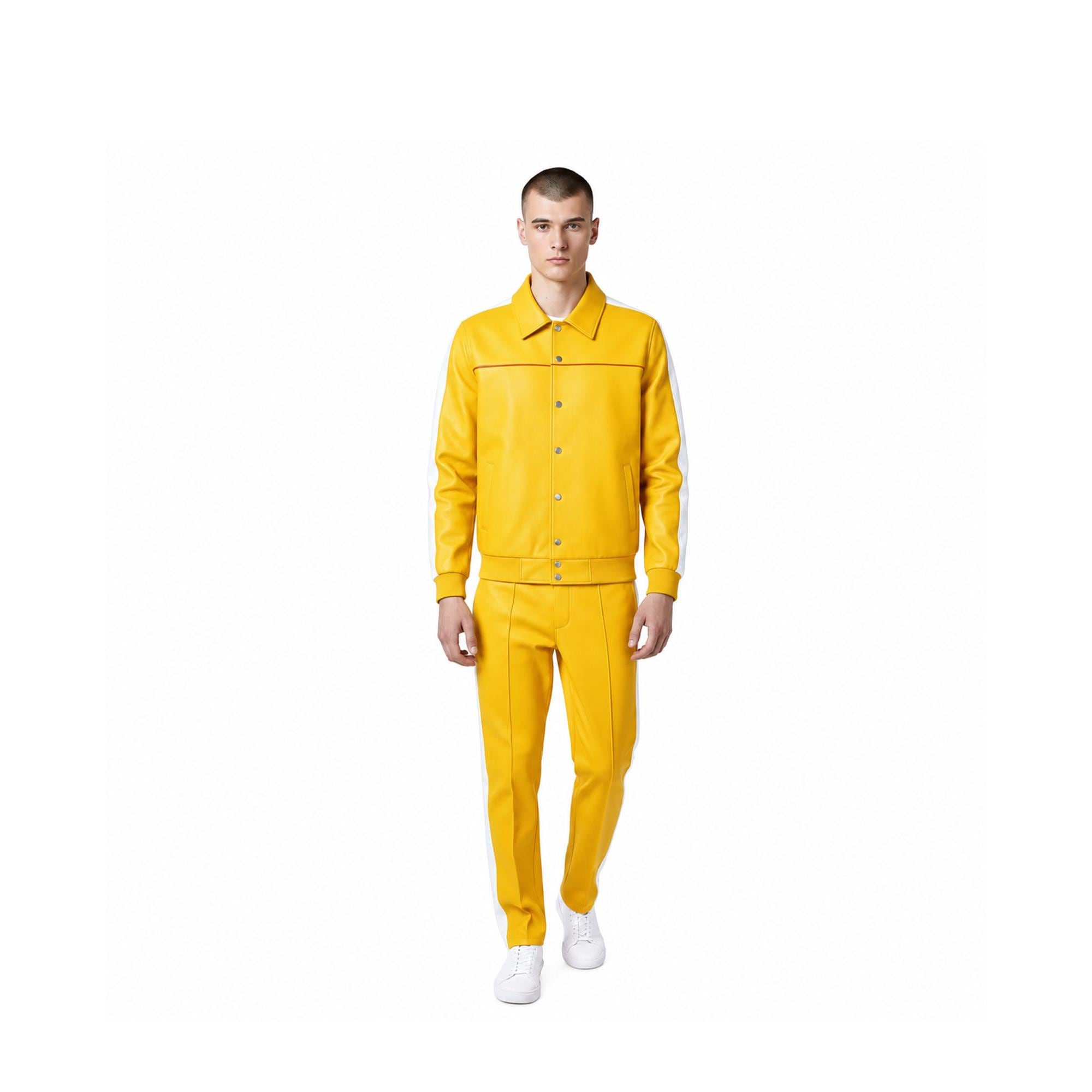 MEN'S LEATHER TRACKSUIT, Yellow Genuine Leather Set Handmade Streetwear Outfit, Gift For Son