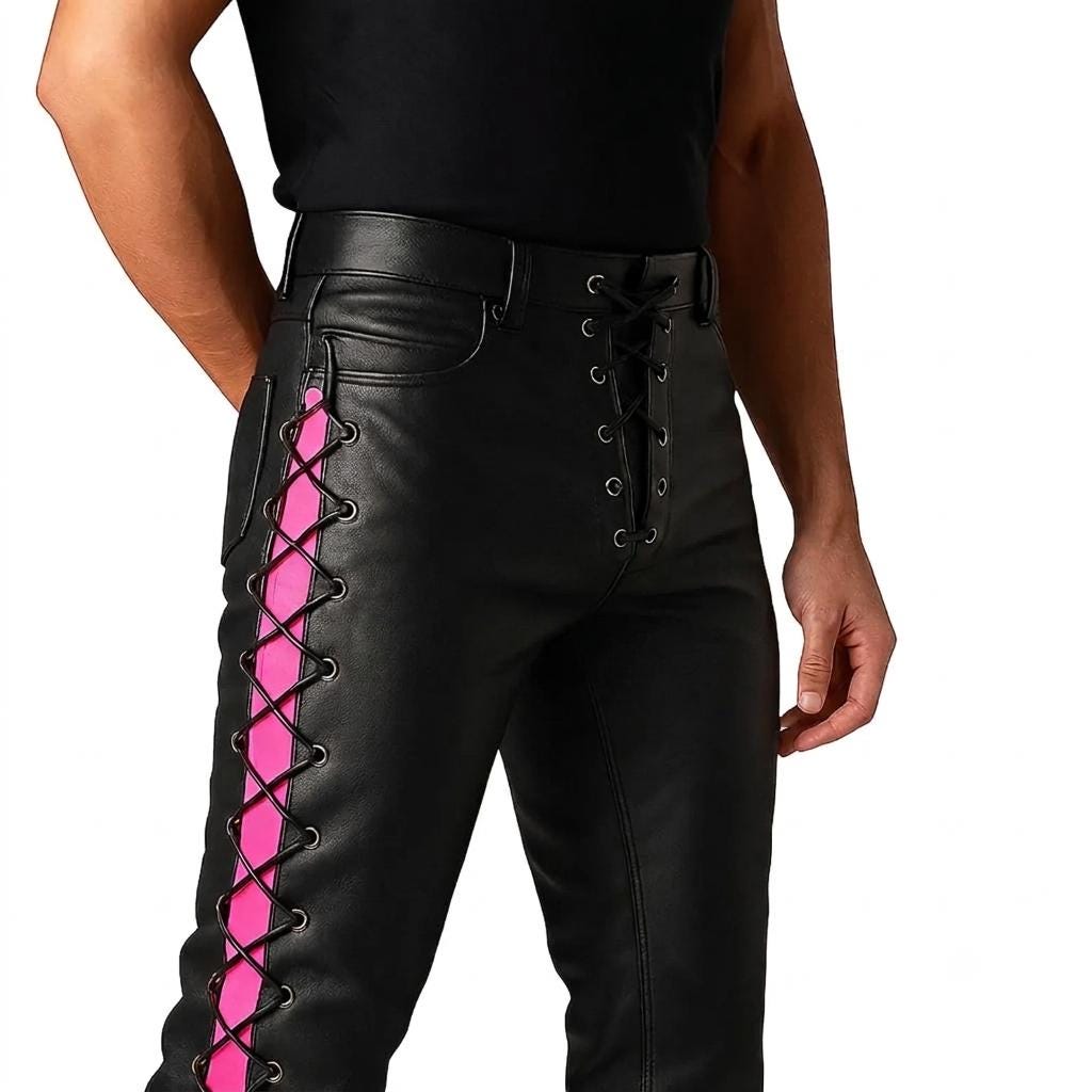 BLACK LEATHER PANTS, Men's Genuine Gothic Lace-Up Side Panel Rock Fashion Trousers
