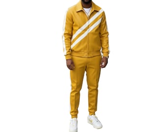 Yellow Mens Leather Tracksuit | Cowhide Biker Style with White Stripe