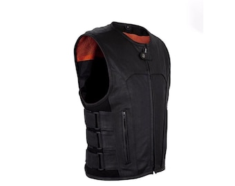 Gilet tattico da uomo in pelle nera – Gilet stile motociclista con cerniera e cinghie laterali, vestibilità personalizzata