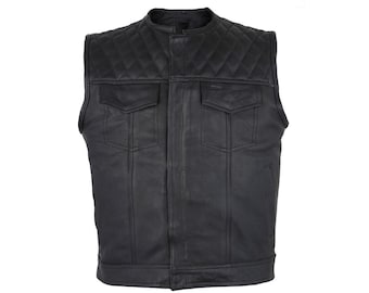 Men's Black Cowhide Leather Biker Vest – Diamond Quilted Motorcycle Rider Waistcoat