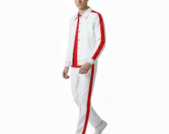 Men's White Red Leather Tracksuit: Streetwear Jogger Pants & Jacket
