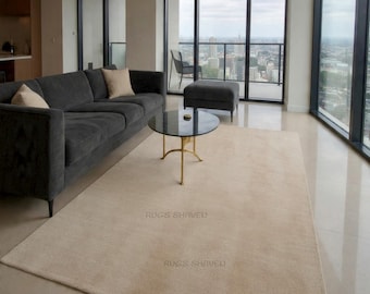 Hand Tufted Rug | Solid Warm Beige Wool Large Area Rugs For Living Room Bedroom Kitchen Nursery 6X9 8X10 9X12 10X14 | Custom Runner Rug