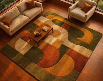 Tappeto geometrico in lana moderno di metà secolo - Tappeto retrò astratto verde e arancione annodato a mano / Arredamento per soggiorno in stile vintage