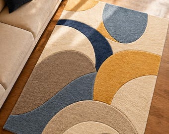 Modern Abstract Geometric Wool Rug, Mid Century Arc Design Carpet, Mustard Blue Beige Area Rug, Hand Tufted High Pile Luxury Living Room Rug