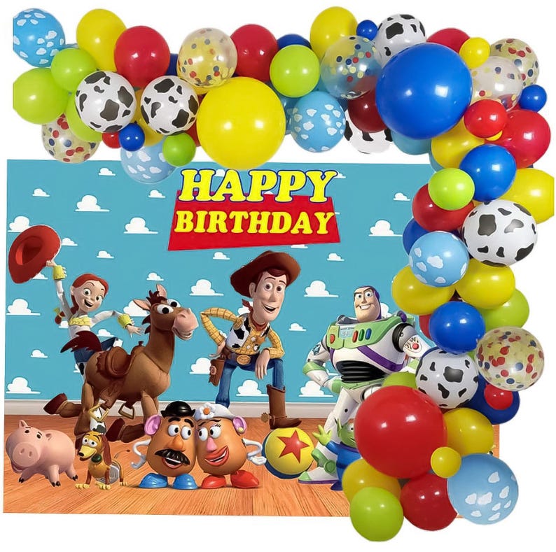 Peut inclure: Une sc&egrave;ne de f&ecirc;te d'anniversaire color&eacute;e avec des ballons et des personnages du film Toy Story. La toile de fond affiche "HAPPY BIRTHDAY" et des images de Woody, Buzz l'&Eacute;clair et d'autres personnages. Des ballons de diff&eacute;rentes couleurs entourent la sc&egrave;ne.