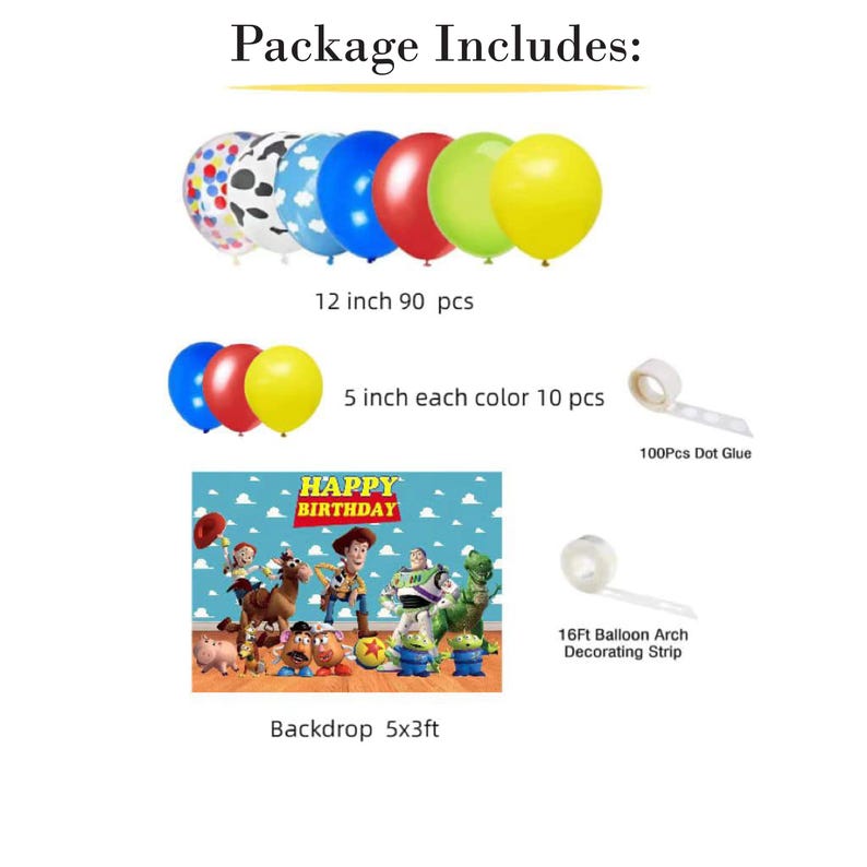 Peut inclure: Un ensemble de d&eacute;corations de f&ecirc;te comprenant des ballons color&eacute;s, une toile de fond avec des personnages de dessins anim&eacute;s, de la colle en points et une bande d'arche de ballons. L'ensemble comprend des ballons de 12 pouces et de 5 pouces. La toile de fond est de 1,52m x 0,91m.