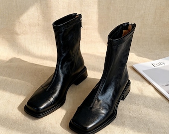 Black Ankle Boots for Women,French Style Square Toe Block Heel Booties,Aesthetic Spring Shoes,Minimalist Business Casual Boots, Gift for Her