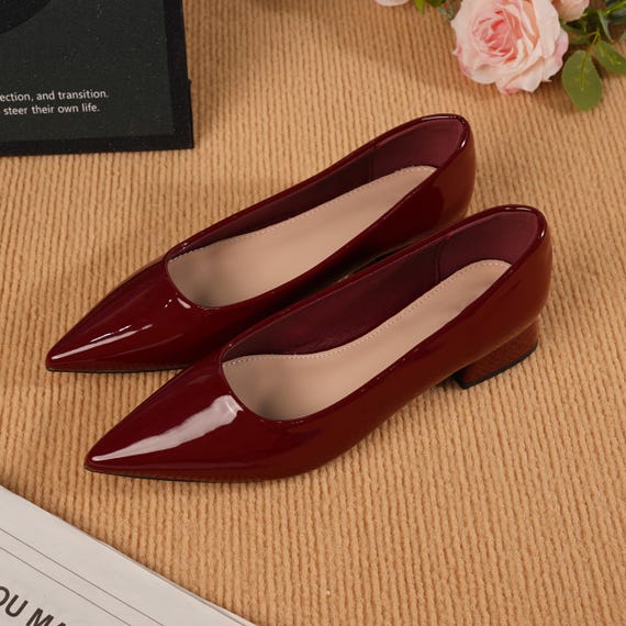 Burgundy Pointed Toe Low Heel Shoes for Women, Wine Red Elegant Work Pumps,  Minimalist Dress Low Heels, Autumn Winter Birthday Gift for Her - Etsy