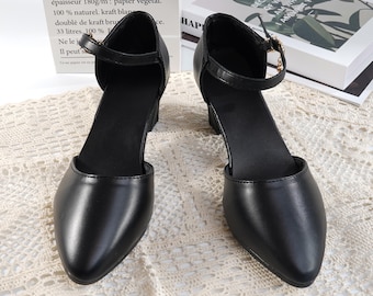 Handmade genuine leather closed-toe ankle strap heels for work & daily wear in black classic style with comfy mid-heel fit great gift idea