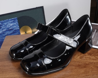 Handmade black patent Mary Jane heels, metal buckle square toe pumps, elegant women block heels, comfy office shoes, gift for her
