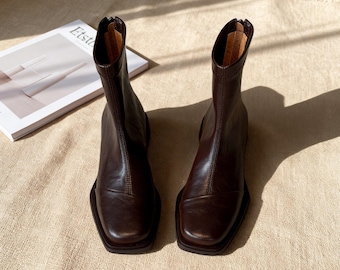 Dark Brown Ankle Boots for Women, French Style Square Toe Block Heel Booties,Spring Shoes, Minimalist Office Boots, Gift for Her