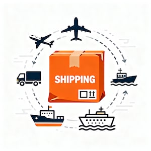 Pode incluir: Uma caixa de envio laranja com a palavra "SHIPPING" em branco, rodeada por ilustrações de um camião, aviões e navios, representando vários modos de transporte. Linhas tracejadas indicam rotas.