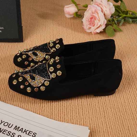 Handmade Black Studded Ballet Flats for Women, Gold Rhinestone Flat Shoes,  Elegant Dress Flats, Party Evening Shoes, Gift for Her - Etsy