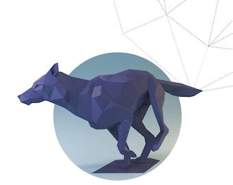 May include: A geometric papercraft sculpture of a running wolf in shades of purple. The wolf is positioned in front of a light blue circle. The words "RUNNING WOLF" are displayed below the wolf.