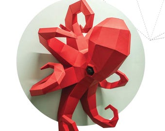 Papercraft OCTOPUS 3D Pepakura sea creatures paperfreak low poly sculpture DIY wall decor for halloween party decor pattern template  paper