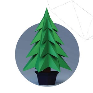 Puede incluir: Un pino de papel verde en una maceta negra, sobre un círculo gris azulado. El texto "SMALL PINE TREE IN POT" está debajo. El diseño es geométrico y moderno, con una estética minimalista.