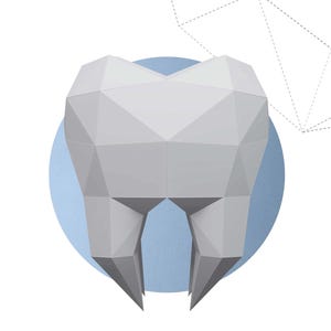 May include: A geometric illustration of a molar tooth in shades of gray, set against a light blue circle. The word "MOLAR" is displayed in a bold, outlined font below the tooth. The background is white with a geometric design.