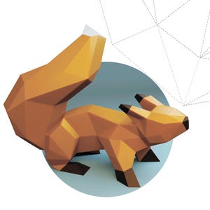 May include: A geometric papercraft squirrel in shades of orange, brown, and white, set against a light blue circle. The words "SQUIRREL IN MOTION" are displayed in a bold, outlined font. The image has a modern, artistic style.