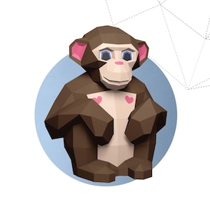 Scultura di carta 3D Scimpanzé seduto Low Poly, fai da te, regalo di animali, decorazione per cameretta dei bambini, modello pepakura, fatto a mano, animali per bambini