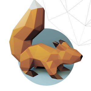 May include: A geometric papercraft squirrel in shades of brown, tan, and white, set against a light blue circle. The word "SQUIRREL" is displayed in a bold, outlined font below the image. The background is white.