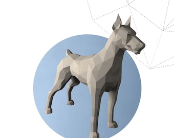 Papercraft 3D DOBERMANN Hund Pepakura Welpe Pdf Vorlage Niedrige polygonale Papierskulptur Diy brutal Decor home loft ausgefallenes Tierliebhaber Geschenk Kunst