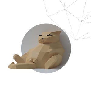 May include: A beige, geometric papercraft cat sculpture in a relaxed pose, set against a white background with a gray circle. The text "FAT CAT" is below the cat. The cat's eyes are black.
