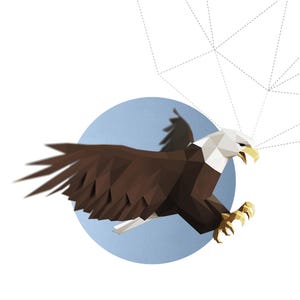 May include: A geometric illustration of a diving eagle in flight, rendered in shades of brown, white, and yellow against a light blue circle. The image includes the text "DIVING EAGLE" and copyright information.