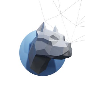 May include: A geometric, low-poly style sculpture of a pitbull dog's head, mounted on a light blue circular background. The word "PITBULL" is written in a bold, outlined font below the sculpture. A network of dotted lines is in the background.