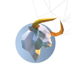 May include: A geometric illustration of a bull's head with white and gray facets, set against a light blue circle. The bull's horns are gold. The text "BIG BULL HEAD" is below the image. The background is white.