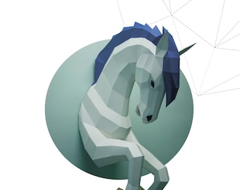 Papercraft 3D UNICORN HORSE Out Of wall Low Poly Paper Sculpture DIY gift Decor home nursery pepakura pattern template handmade kids animals