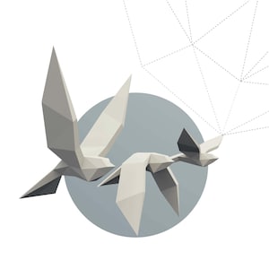 May include: A graphic illustration of two white origami birds in flight against a light blue circle. The word "BIRDS" is displayed in a bold, outlined font below the birds. The background is white.