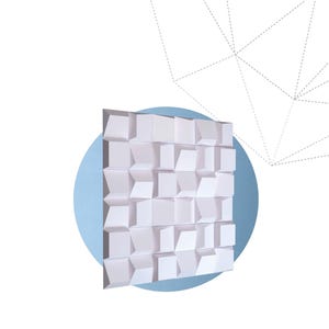 May include: White, geometric Installation Square design. The artwork features a series of folded paper squares, creating a 3D effect. The words "INSTALLATION SQUARE" are displayed in a bold, outlined font. A light blue circle is behind the artwork.