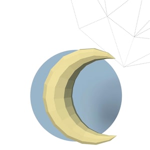 May include: A geometric illustration of a yellow crescent moon against a light blue circle, with the word "MOON" below. The background is white with a dotted line design.