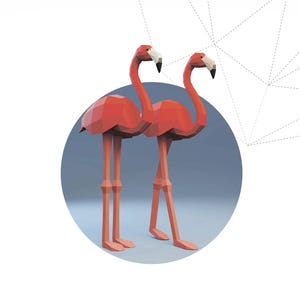 May include: Two geometric flamingos in red and pink tones stand together against a blue circular background. The birds have long legs and curved necks, with white and black beaks. The text "FULL FLAMINGO" is below the image.