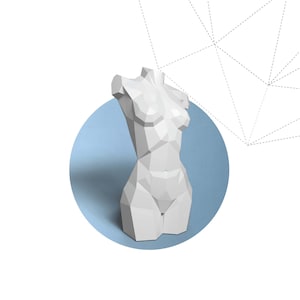 May include: A white, geometric paper sculpture of a torso, set against a light blue circle. The words "WOMAN BODY" are below the sculpture in outlined text. The background is white with a geometric design.