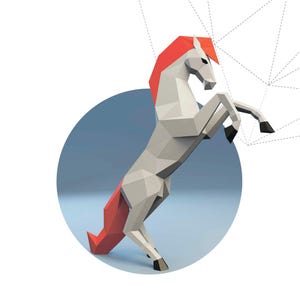 May include: A geometric illustration of a rearing horse. The horse is primarily gray with a red mane and tail, set against a blue circle. The word "HORSE" is displayed in a bold, outlined font below the image.