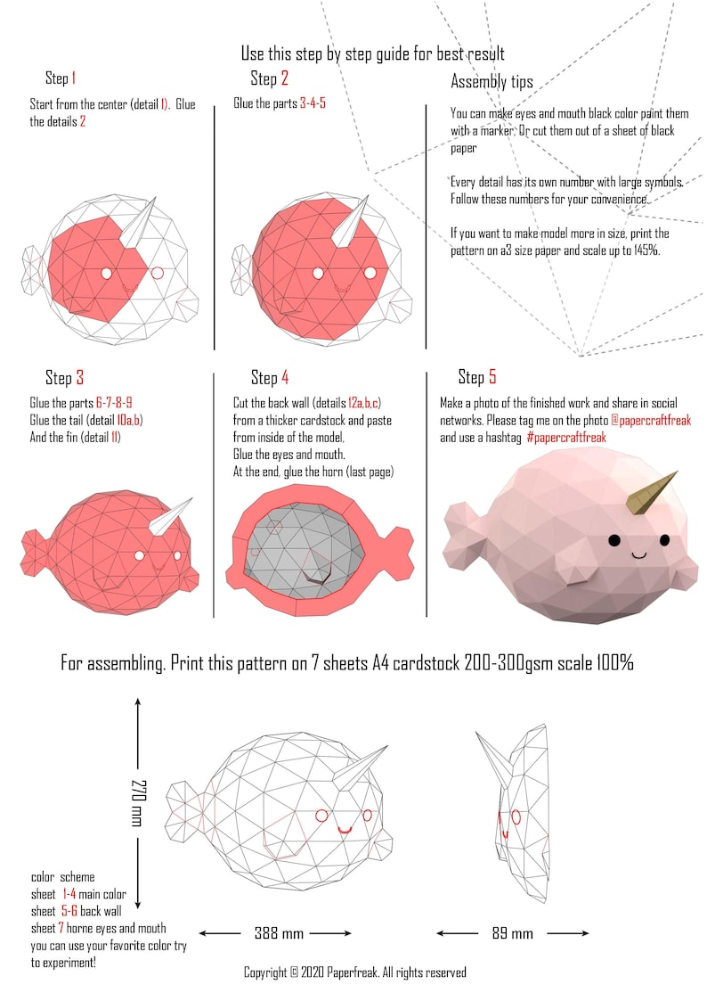 Papercraft 3d CUTE NARWHAL FISH Cartoon Anime Animal Paper Sculpture ...