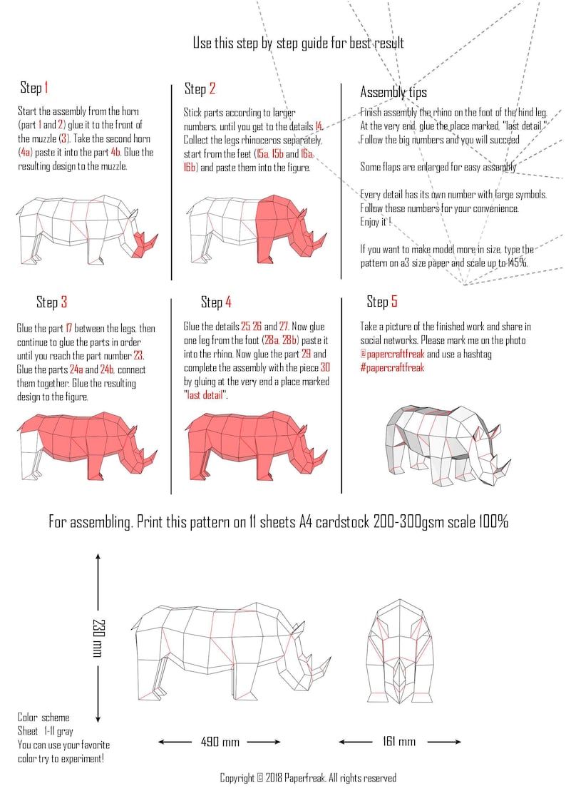 Papercraft 3D RHINOCEROS Low Poly Paper Sculpture DIY Gift Decor Cute ...