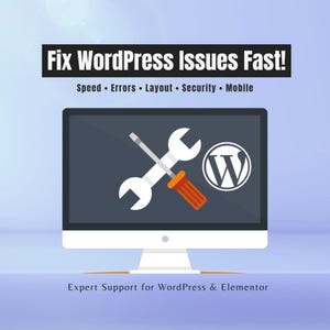 Może przedstawiać: Monitor komputera wyświetla ikonę klucza i śrubokręta z logo WordPress. Tekst powyżej brzmi "Fix WordPress Issues Fast!", a poniżej "Expert Support for WordPress & Elementor."