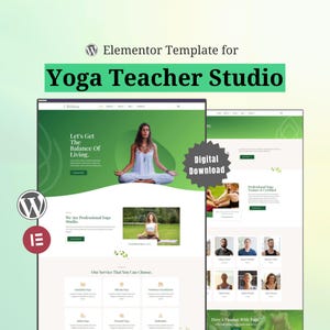 Puede incluir: Una plantilla de sitio web para un estudio de profesores de yoga. El diseño presenta una combinación de colores verde y blanco con imágenes de posturas de yoga y practicantes. El texto incluye "Let's Get The Balance Of Living" y "Digital Download."
