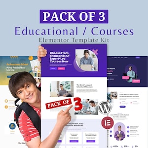 Pode incluir: Imagem promocional para um kit de modelos educacionais. A imagem apresenta três maquetes de sites com o texto "PACK OF 3 Educational / Courses Elementor Template Kit". As maquetes mostram o aprendizado online.