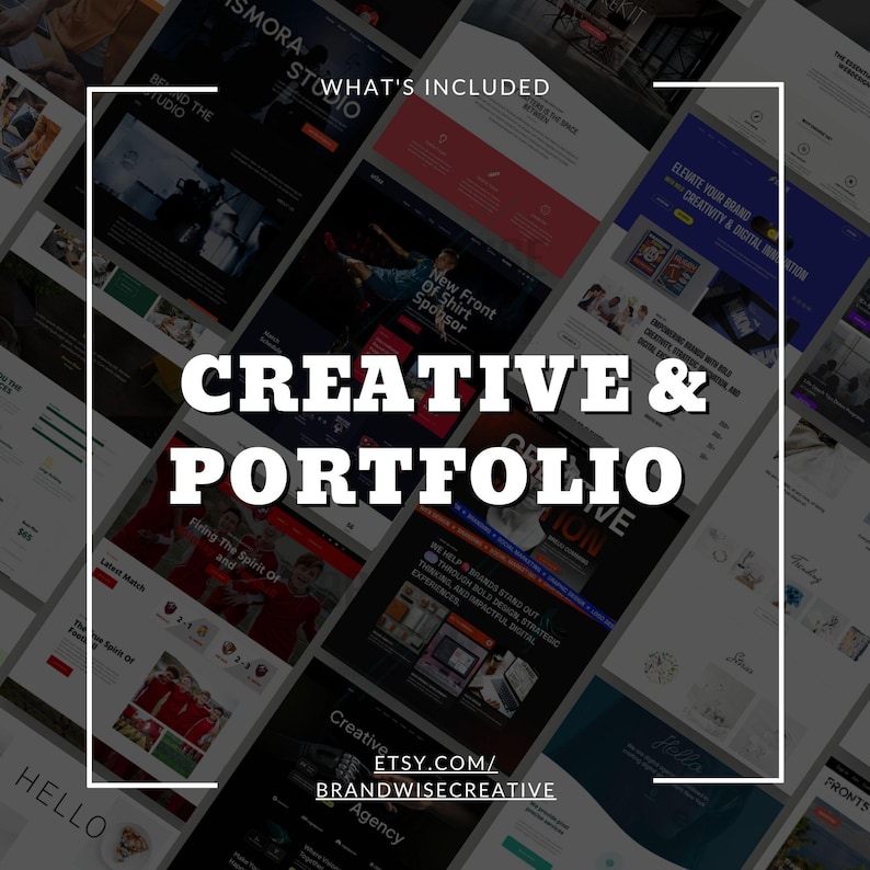Puede incluir: Un dise&ntilde;o digital que muestra una cartera de dise&ntilde;os de sitios web creativos. La imagen presenta el texto "CREATIVE & PORTFOLIO" en letras blancas grandes. Tambi&eacute;n es visible la URL de la tienda Etsy "ETSY.COM/BRANDWISECREATIVE".