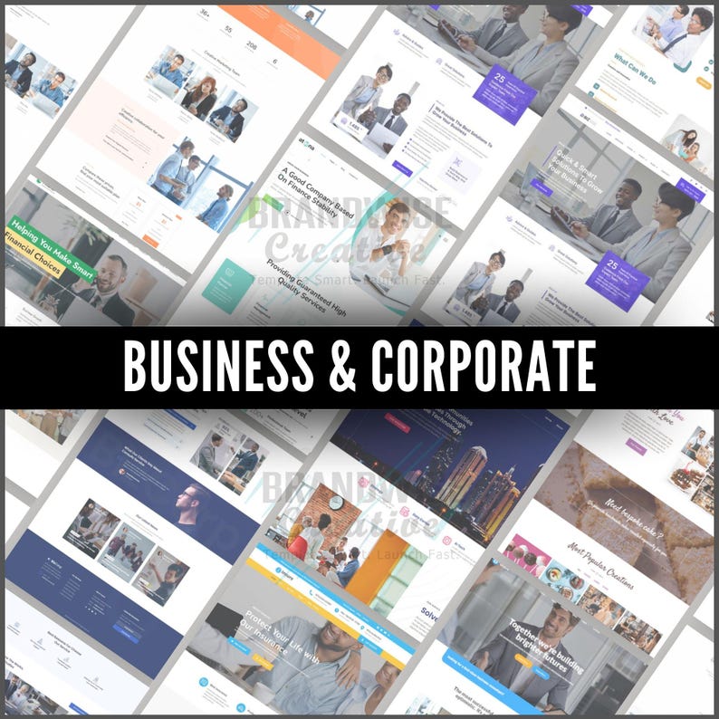 Puede incluir: Una colecci&oacute;n de maquetas de sitios web con temas de negocios y corporativos. Los dise&ntilde;os presentan im&aacute;genes de personas, gr&aacute;ficos y texto. La frase "BUSINESS & CORPORATE" se muestra en letras blancas grandes y en negrita en la parte inferior de la imagen.
