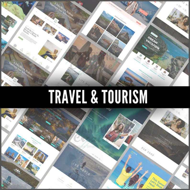 Puede incluir: Una colecci&oacute;n de maquetas de sitios web con temas de viajes y turismo. Los dise&ntilde;os presentan im&aacute;genes de paisajes, monumentos y personas. El texto "TRAVEL & TOURISM" se muestra en una pancarta negra.
