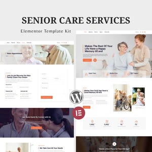 May include: A website template kit for senior care services. The design includes multiple website page layouts with images of elderly people and caregivers. The text includes phrases like "Make Appointment" and "Makes The Rest Of Your Life Have a Happy Memory till end."