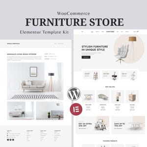 Pode incluir: Um kit de modelos de sites para uma loja de móveis, com um design minimalista. O design inclui maquetes de sites com exposições de produtos de móveis e o texto "FURNITURE STORE" e "Elementor Template Kit".